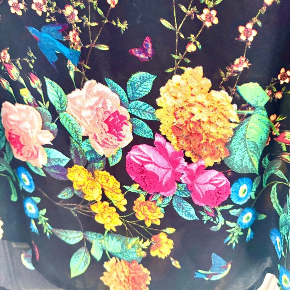 Meraki Floral Butterfly Birds Draped Open Back Blouse Black Large Cottage Whimsy